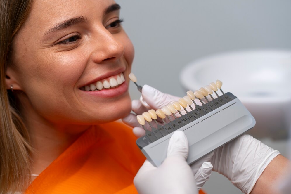 The image shows an example of a woman preparing to have a dental veneer applied.