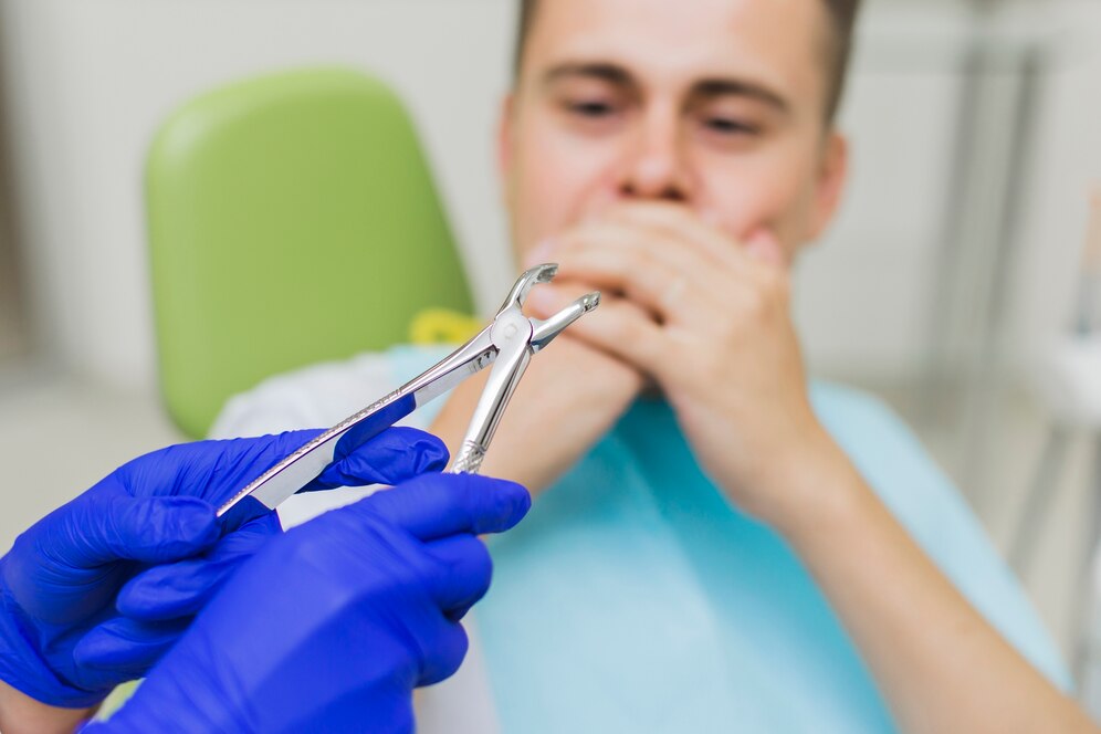 The image shows an example of a person who is afraid of the dentist.